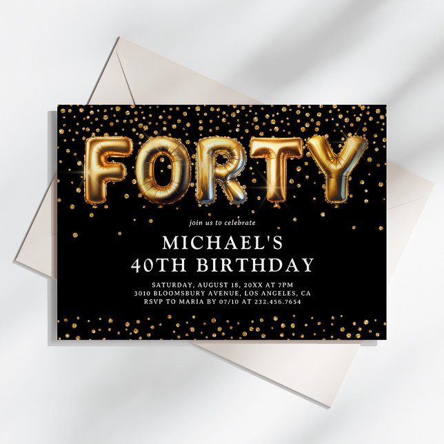 Invitation Ballons pour les 40 ans Noir et Or (Créateur téléchargé)