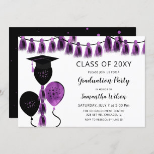 Invitation Ballons pourpres Casquette Grad Grad Party