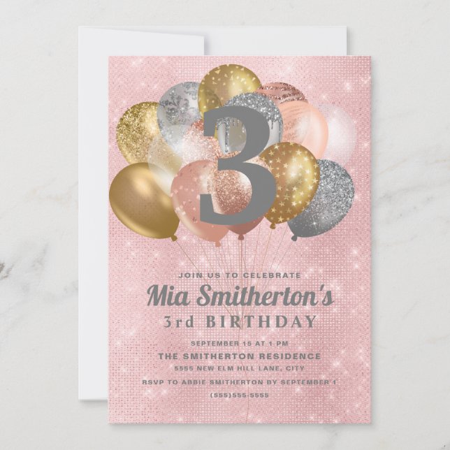 Invitation Ballons Rose Argent Or 3ème Anniversaire Fille (Devant)