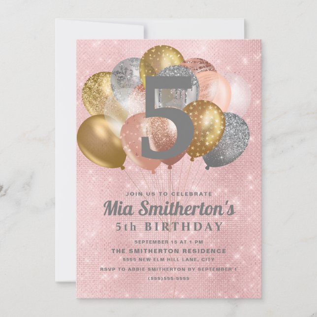 Invitation Ballons Rose Argent Or Anniversaire 5 Ans Fille (Devant)