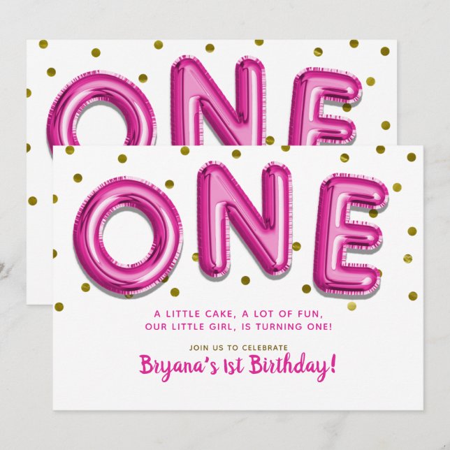 Invitation Ballons Rose Chaud Points Dorés UN 1er Anniversair (Devant / Derrière)