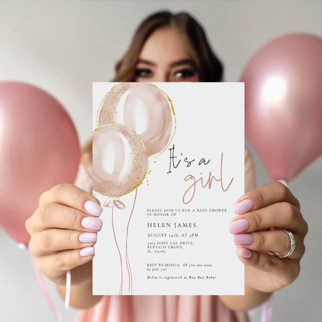 Invitation Ballons rose délicatBaby shower élégant fille (Créateur téléchargé)