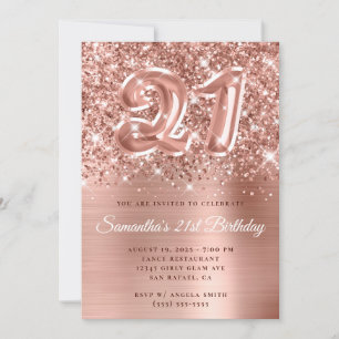 Invitation Ballons Rose doré brillant 21e anniversaire