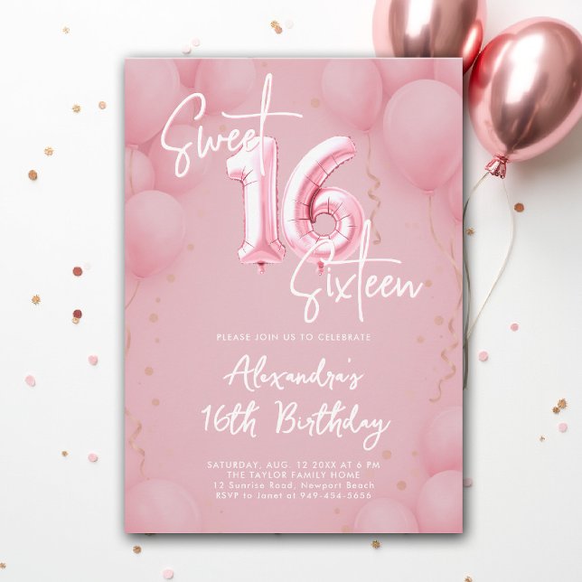 Invitation Ballons rose élégante calligraphie moderne douce 1 (sweet sixteen invitation 16th birthday party pink balloons calligraphy milestone glam feminine)