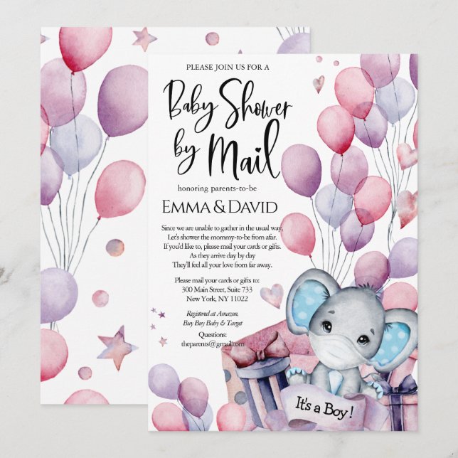 Invitation Ballons rose éléphant garçon Baby shower par courr (Devant / Derrière)