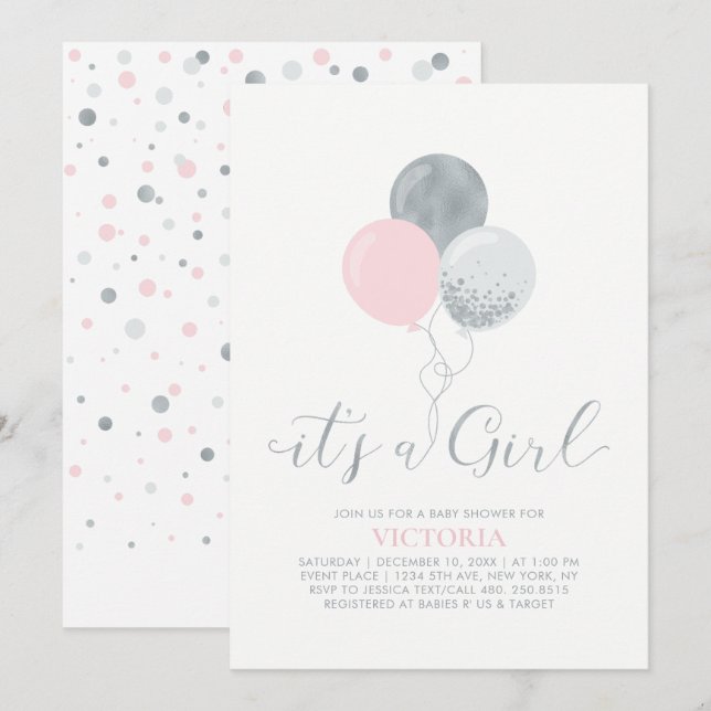 Invitation Ballons rose et argent | C'est un Baby shower de f (Devant / Derrière)