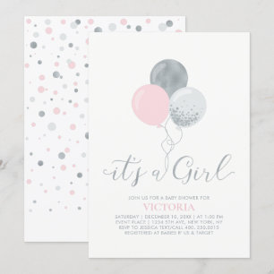 Invitation Ballons rose et argent   C'est un Baby shower de f