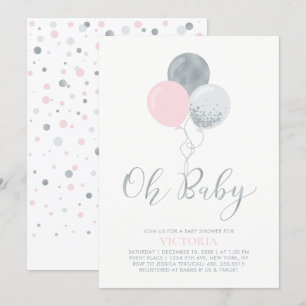 Invitation Ballons rose et argent   Oh Baby Girl Baby shower