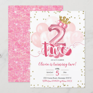 Invitation Ballons rose et or de la Couronne deuxième anniver