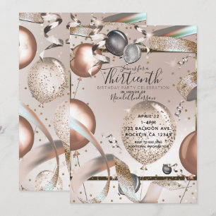 Invitation Ballons Rose Gold Pailletés Rose Fête d'Anniversai