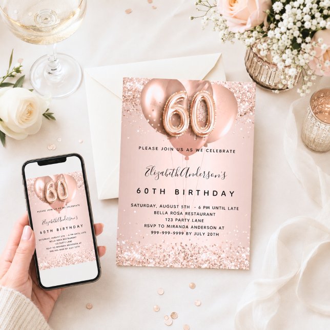 Invitation ballons rose gold pour 60 ans (Créateur téléchargé)