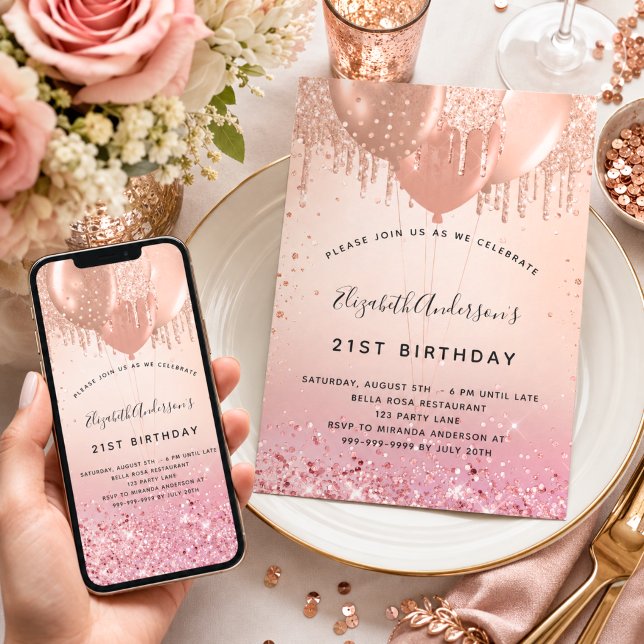 Invitation Ballons rose gold pour fête d'anniversaire (Créateur téléchargé)