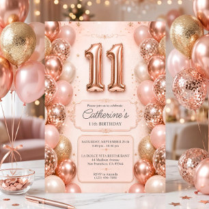 Invitation Ballons Rose Gold Rose 11 Ans Fête d'anniversaire 