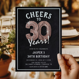Invitation Ballons Rose Gold Rustique Tableau Noir 30ème Anni