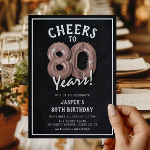 Invitation Ballons Rose Gold Rustique Tableau Noir 80ème Anni