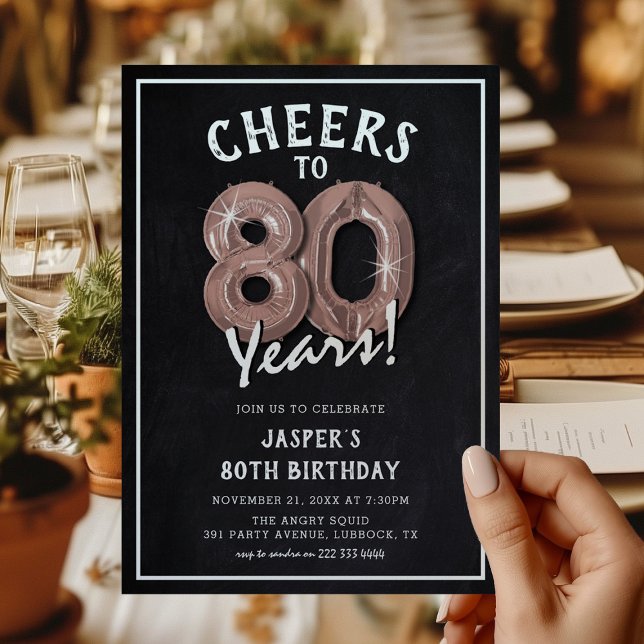 Invitation Ballons Rose Gold Rustique Tableau Noir 80ème Anni (Créateur téléchargé)