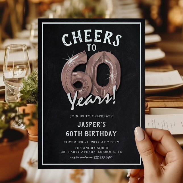 Invitation Ballons Rose Gold Tableau Noir Rustique 60ème Anni (Créateur téléchargé)
