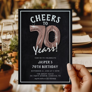 Invitation Ballons Rose Gold Tableau Noir Rustique 70e Annive