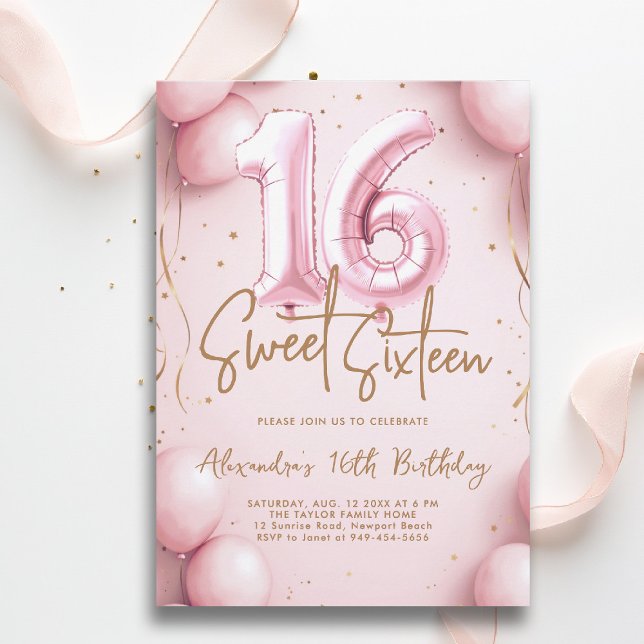 Invitation Ballons rose or calligraphie Élégant doux 16 (sweet sixteen invitation 16th birthday party pink gold balloons calligraphy glam feminine)