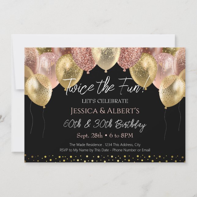 Invitation Ballons Rose or et or double anniversaire (Devant)