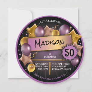 Invitation Ballons Rose Or Violet 50ème 60ème Anniversaire