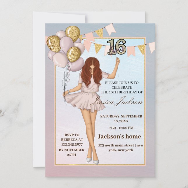 Invitation Ballons rose vif Rose Sweet sixteen or (Devant)