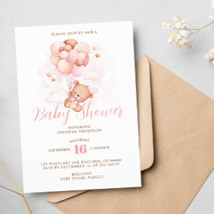 Invitation Ballons roses Baby shower Ours en Teddy
