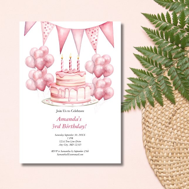 Invitation Ballons roses Bannière de gâteau Anniversaire Fill (Pink Birthday Cake Balloons Banner 3rd Birthday party invitation. Printed or digital download)