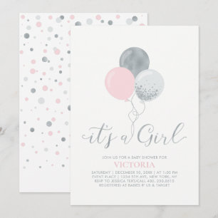 Invitation Ballons roses et argent   C'est une fille - Baby S