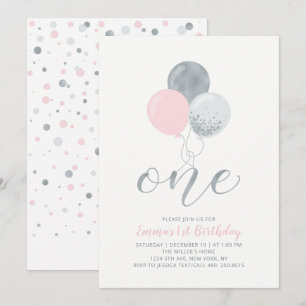 Invitation Ballons roses et argent   Un 1er anniversaire de f