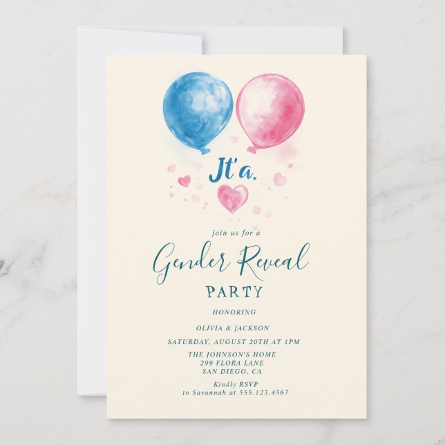 Invitation Ballons roses et bleus Genre Revela Party (Devant)