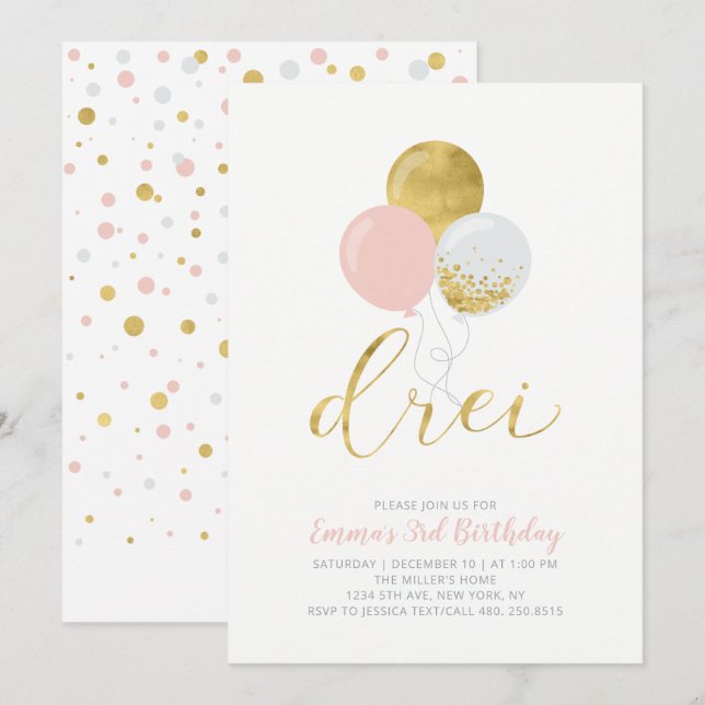 Invitation Ballons roses et dorés | Fête d'anniversaire 3 ans (Devant / Derrière)