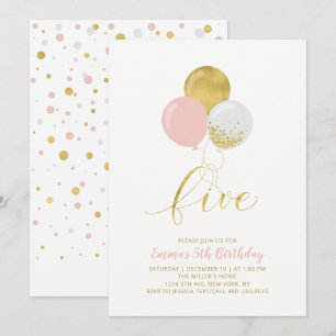 Invitation Ballons roses et or   Fête d'anniversaire 5 ans fi