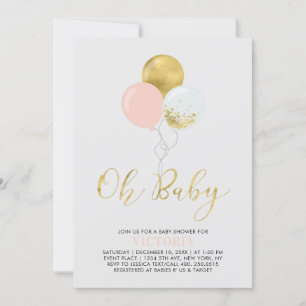 Invitation Ballons roses et or   Oh Baby Girl Baby shower
