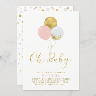 Invitation Ballons roses et or Oh Baby Girl Baby shower