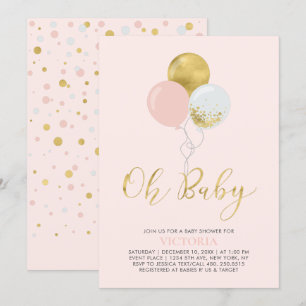Invitation Ballons roses et or   Oh Bébé Fille Baby Shower