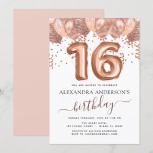 Invitation Ballons roses or doux 16 Anniversaire
