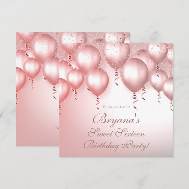 Invitation Ballons roses or Étincelle Anniversaire Jeu Sweet  (Devant / Derrière)