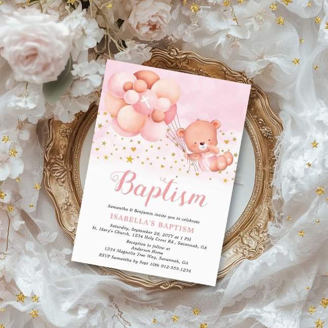 Invitation Ballons roses Ours Teddy Gold Stars Baptême (This cute baptism invitation for girls features a teddy bear being carried away by balloons.)