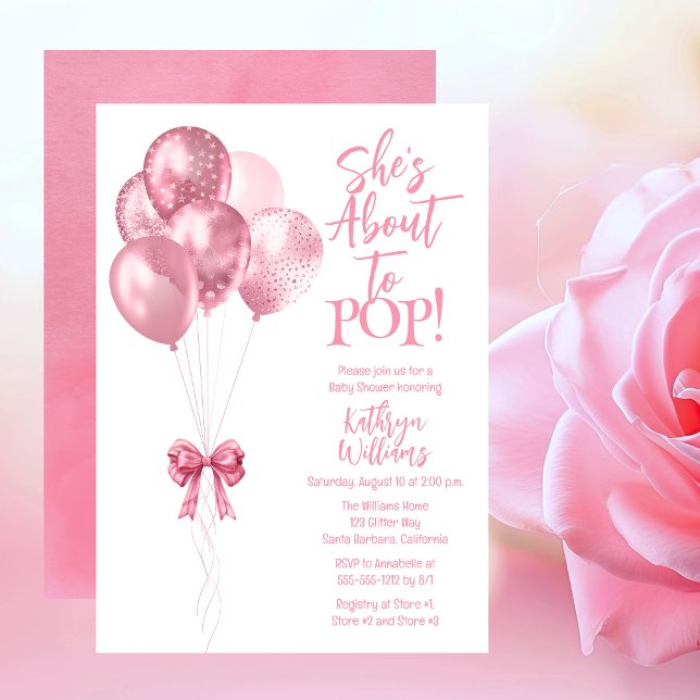 Invitation Ballons roses qu'elle est sur le point de faire to ("She's Ready to POP!" Pink Translucent Glitter Balloons Girl Baby Shower Invitation.)