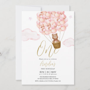 Invitation Ballons roses Teddy Bear Anniversaire