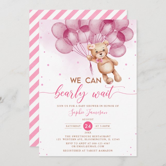 Invitation Ballons roses Teddy Bear Girl Baby shower (Devant / Derrière)