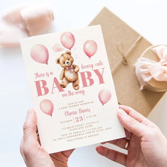 Invitation Ballons roses Teddy Bear Girl Baby shower moderne (Créateur téléchargé)