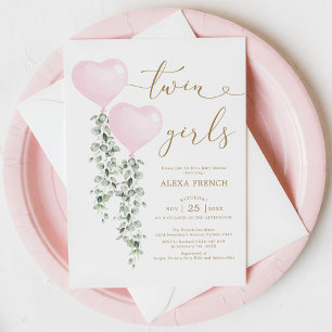 Invitation Ballons roses verdure Twin Girls Amoureux Bébé