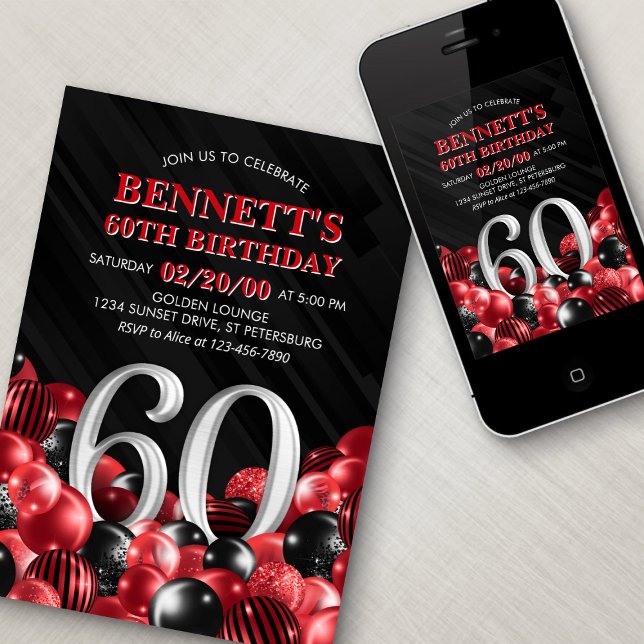 Invitation Ballons Rouge 60e anniversaire (Créateur téléchargé)