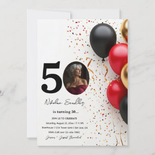 Invitation Ballons rouges Noir et Or 50 anniversaire