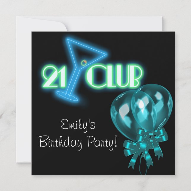 Invitation Ballons sarcelle bleue noir Filles 21e anniversair (Devant)