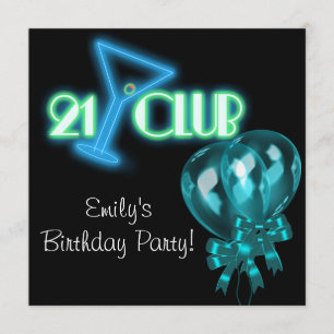 Invitation Ballons sarcelle bleue noir Filles 21e anniversair