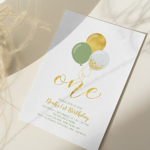 Invitation Ballons sauge et or Une première fête d'annivers