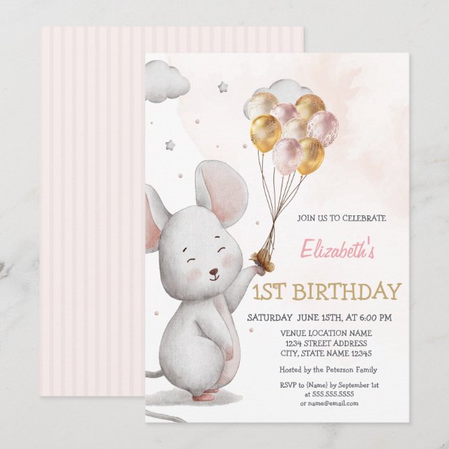 Invitation Ballons Souris Adorables Rayés Anniversaire (Devant / Derrière)